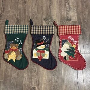 Festive Quilted Embroidered Christmas Stockings Set Lot of 3